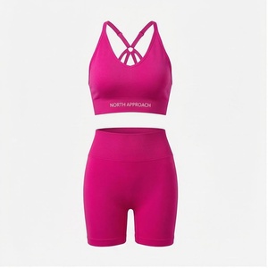 Conjunto de Yoga de 2 Piezas North Approach, Color Rosa, Sujetador Deportivo con Tirantes Cruzados, Pantalones Cortos de Cintura Alta, Ropa Deportiva Transpirable sin Costuras para Mujer - Product Image 1