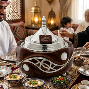Handcrafted Mother of Pearl Inlaid Wooden Buffet Server with Polished Metal Dome Lid GCC Hospitality Hotel & Majlis Collection - Product Image 5