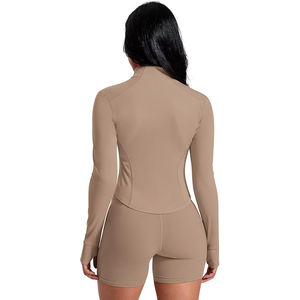 Chaqueta de yoga de nailon con paneles de malla y cremallera completa para mujer, transpirable, de corte ajustado, cuello alto, manga larga, tops deportivos a bajo precio. - Product Image 5