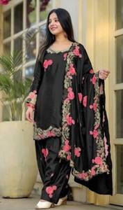 Premium Heavy Japan Satin Kurti Farshi Salwar Set with Embroidery Work <b>Wedding</b> Festive Wear Suit with Dupatta - Product Image 4
