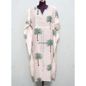 Robe Kaftan pour femmes, 100% coton, faite à la main, écologique, maxi, décontractée, élégante, coupe classique, imprimé arbre, lavable - Product Image 1