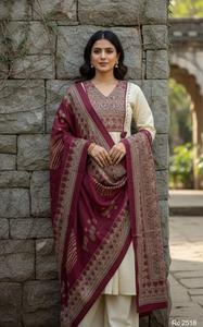 Women's Cream Cotton Salwar Kameez Cotton Beautiful Heavy Embroidery Sequence Adda Work <b>Top</b> & Cotton Pant With Printed Dupatta - Product Image 3