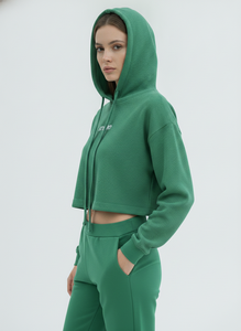 <b>Women's</b> Green Cropped Hoodie With Front Logo Print Regular Sleeve Knitted Sweatshirt Autumn Casual Wear - Product Image 2