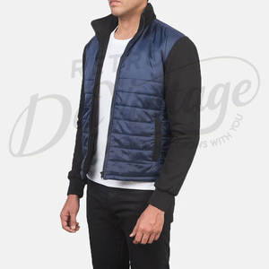 Veste d'hiver moderne pour homme à manches contrastées, bleu marine, matelassée, décontractée, chaude, coupe ajustée, zippée - Product Image 5