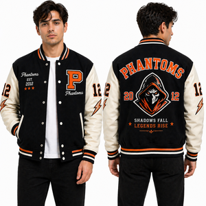 Chaqueta Varsity Phantom Personalizada, Chaqueta Letterman Bordada, Chaqueta de Béisbol con Mangas de Cuero y Lana, Proveedor OEM - Product Image 1