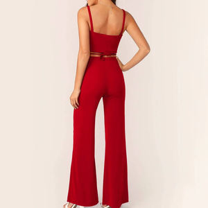 Women's Solid Red Off-Shoulder Yoga Tank Top with Flared Pants Set Breathable Sports Fitness <b>Underwear</b> <b>One</b> Set - Product Image 2