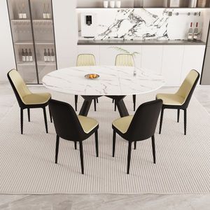 Set da Pranzo Circolare Espandibile Elegante e Spazioso da 47-63 Pollici con 6 Sedie Imbottite in Tessuto PU e Tavoli da Pranzo - Product Image 2