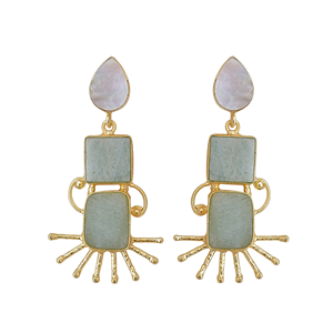 Boucles d'oreilles pendantes Laxmi Jewelers pour femmes, en amazonite et perle d'eau douce, laiton plaqué or 24 carats, design tendance, cadeau religieux hindou - Product Image 1