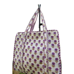 Sac fourre-tout lavande Buti avec fermeture éclair, broderie et design à panneaux faits main, style bohème, réutilisable, en toile avec doublure en coton, TEXTILE RAJASTHANI - Product Image 4