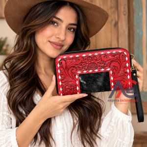 Women Fashionable Hand Tooled <b>Red</b> Floral Leather Zipper <b>Clutch</b> Stylish Cowhide Leather RFID Blocking Slim Wristlet Wallets - Product Image 1