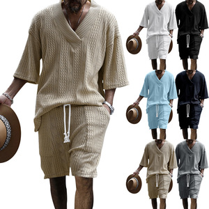 Men's Plus Size Gray <b>Knitted</b> Cotton Short Sleeve Shirt Shorts <b>Set</b> Solid Color Casual Summer Wear Breathable Quick Dry - Product Image 6