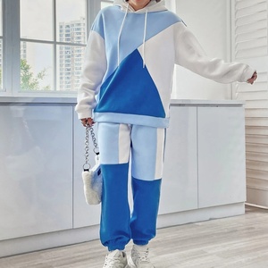 Conjunto de Sudadera con Capucha y Bloques de Color para Mujer, Manga Larga, Corte Holgado, Chándal con Bolsillos Laterales, Azul y Blanco, Estilo Casual de Otoño - Product Image 3
