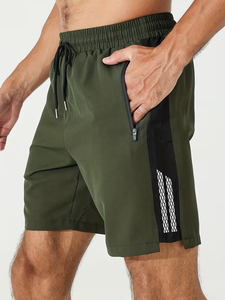 Men Green Sport <b>Shorts</b> Mid Waist Drawstring Quick Dry With <b>Zip</b> <b>Pocket</b> Color Blocked Design - Product Image 4