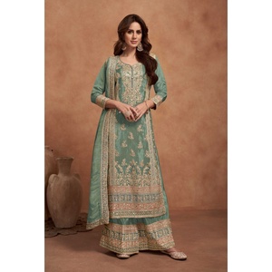 Salwar Kameez Kurti Plazo Dupatta de Piel Sintética con Bordado Personalizable para Mujer, Diseño Étnico Moderno, Ropa de Boda, Disponible en Existencias - Product Image 4