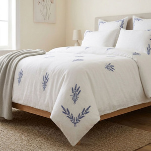 Custom Wholesale Embroidery Lavender Flower Duvet Cover Sets White Cotton Machine-washable <b>Bedding</b> Sets Home Hotel Wedding - Product Image 1