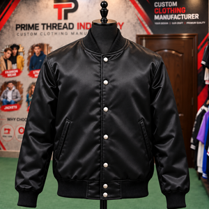 Chaqueta Bomber Negra Personalizada de Satén con Parche de Chenilla y Botones a Presión, Chaqueta Universitaria OEM Unisex, Chaqueta Varsity Streetwear Letterman - Product Image 5