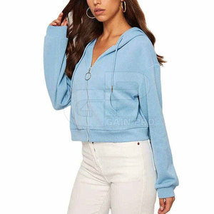 Ladies Short Cropped <b>Zipper</b> Hoodies Hooded <b>Tops</b> Long Sleeve Cotton Blend Relaxed Fit Cuffs Zip Front Modern Casual Clothing - Product Image 4
