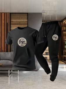 Mens Summer Casual Solid ODM 2pcs Sportswear Set Comfortable Breathable Knitted Fabric Stylish Classic Crew Neck T-Shirt - Product Image 2