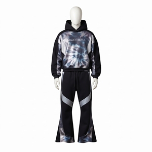 <b>Mens</b> <b>Black</b> Silver <b>Tie</b> Dye Color Block Zip Hoodie Wide Leg Pants Tracksuit Set Custom Streetwear Casual Fashion Look - Product Image 3