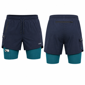 Men's Double <b>Layer</b> Running Shorts Elastic Drawstring Waist Zip Pockets Custom Logo Sporty Style Quick Dry Spandex Polyester - Product Image 2