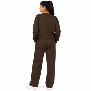 Women <b>Brown</b> Eco-Friendly Printed Polyester/Cotton Tracksuit <b>Set</b> Oversized Sweatshirt Wide Leg Jogger Pants Front <b>Gym</b> Active - Product Image 4