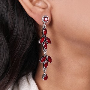 Pendientes Largos de Latón Oxidado con Baño de Plata y Engaste de Bisel, Piedra Roja, Diseño de Hoja de Campana, Estilo Bohemio Étnico para Boda, para Mujer - Product Image 2