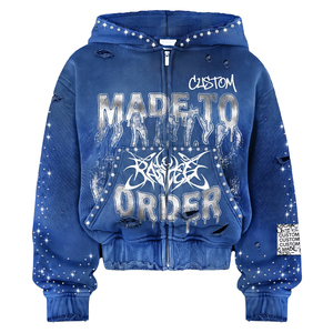Sudadera con capucha para hombre con pedrería, 450 g/m², 100% algodón, azul con lavado ácido, efecto desgastado, corte holgado, estilo streetwear, de peso pesado - Product Image 1