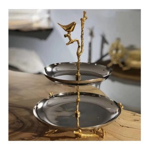 Support à gâteau rond à deux niveaux en métal, tendance, avec motif de branche argentée, présentoir à desserts moderne pour les fêtes - Product Image 3