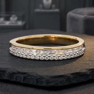 Anillo de compromiso y boda de doble fila con diamantes cultivados en laboratorio (baguette y redondos), chapado en rodio, oro de 10K, 14K, 18K, plata 925, 935 - Product Image 1