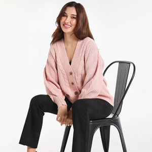 Cárdigan de punto trenzado oversize informal para mujer, ajuste holgado, transpirable, ligero, cuello en V, para otoño/invierno, color rosa, con botones - Product Image 2