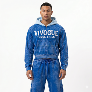 Custom Logo Acid Wash Heat Transfer Printed 100% Cotton Hoodies Joggers <b>Sets</b> Unisex Gyms Fitness Winter Tracksuits - Product Image 3