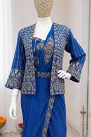 Ensemble de sari indien pakistanais imprimé bleu avec blouse brodée et veste pour femme, robe de fête et de mariage