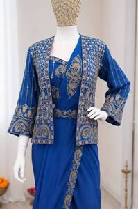 Blue Printed Indian Pakistani Saree Set Embroidered Blouse <b>Jacket</b> <b>Women</b> Party <b>Wedding</b> Dress - Product Image 6