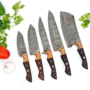 Juego de Cuchillos de Cocina Profesionales de 5 Piezas de Acero de Damasco Hechos a Mano con Bolsa de Cuero, OEM, OBM, Venta al por Mayor, Uso en Cocina, Ecológico - Product Image 6