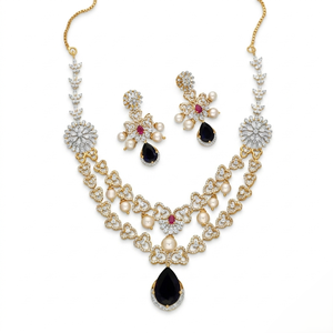 Collier ras-de-cou de luxe en or jaune 18 carats avec pendentif en forme de larme noire et ensemble de boucles d'oreilles assorties pour femmes, bijoux de mariage - Product Image 1
