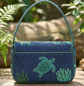 Pochette rectangulaire brodée de perles de verre et de perles de monnaie, faite à la main, avec chaîne amovible, en tissu polyester léger - Product Image 4