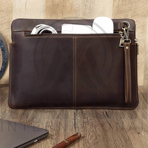 Brown Leather <b>Laptop</b> <b>Sleeve</b> Case with Front Zip Pocket and Wrist Strap for 13-15 Inch Devices - Product Image 5
