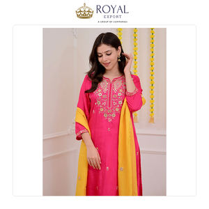 Diseño llamativo, nueva colección de ropa de estilo indio de primera calidad, Chanderi con bordado, conjunto Kurti y pantalón. - Product Image 3