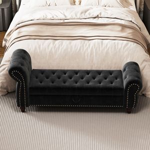 Panca letto imbottita in velluto nero da 164 cm con chiusura a bottoni e chaise longue contenitore per camera da letto - Product Image 2