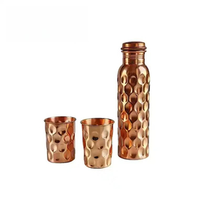 Pure Copper Water <b>Bottle</b> with Two Glass Hammered Design For Hydration Ayurveda Benefits Drinkware Outdoor <b>Bottle</b> With Packaging - Product Image 2