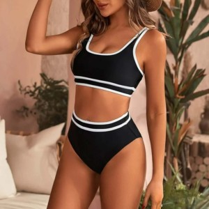 Ensemble de maillot de bain sportif 2 pièces pour femmes, couleur contrastée, col rond, sans manches, court, en spandex/polyester, écologique, séchage rapide, été - Product Image 4