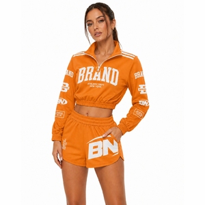Custom Brand <b>Womens</b> Orange Crop Top Tracksuit Quarter Zip <b>Jacket</b> and Shorts Set Breathable <b>Lightweight</b> Athletic Wear Full Sleeve - Product Image 2
