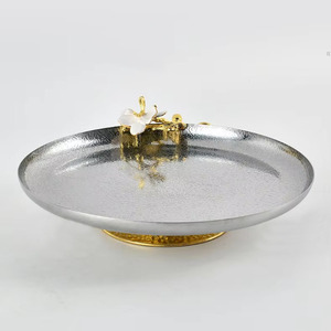 Stunning Hammered Silver Pedestal <b>Cake</b> Stand Featuring A Gold Textured Base And An Elegant White <b>Flower</b> Accent Handle For <b>Decor</b> - Product Image 6