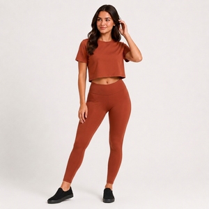 Premium Women Exercise <b>Crop</b> T Shirt Leggings Set Breathable Spandex Skinny Fit Custom Fitness Apparel OEM ODM Private Label - Product Image 1