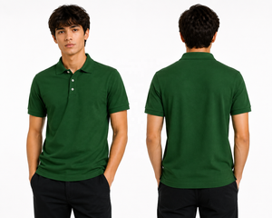 Chemise Formelle Homme Verte 100% Coton Tricotée Unie avec Logo Avant Manches Courtes Boutonnée Col Golf Uniforme Séchage Rapide - Product Image 6
