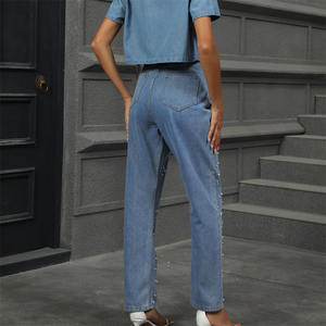 Jeans ajustados negros para mujer con adornos laterales elegantes y dobladillo sin rematar, de cintura alta, elásticos, de mezclilla perlada. - Product Image 4