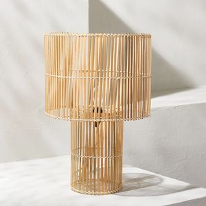 Modern <b>Bamboo</b> <b>Table</b> Lamp with Drum Shade Decorative Light Beige Eco Friendly Home Bedroom Living Room Decor - Product Image 2