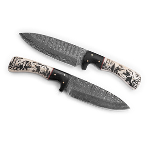 Cuchillo de Caza de Hoja Fija de Acero de Damasco Personalizado - Hoja Recta de 19 cm de Longitud - Mango de Hueso de Camello con Grabado Láser - Estilo Industrial - Product Image 3