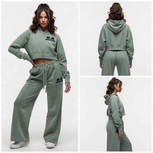 Ensemble de survêtement pour femme en molleton de coton doux, rose vif, comprenant un sweat à capuche court zippé et un pantalon large, style streetwear confortable - Product Image 5