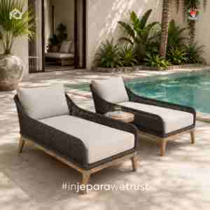 Chaise longue en teck d'Indonésie Banyu, élégante chaise longue en corde tressée, lit de jardin de luxe avec coussin pour villa, resort, piscine, Jepara - Product Image 1